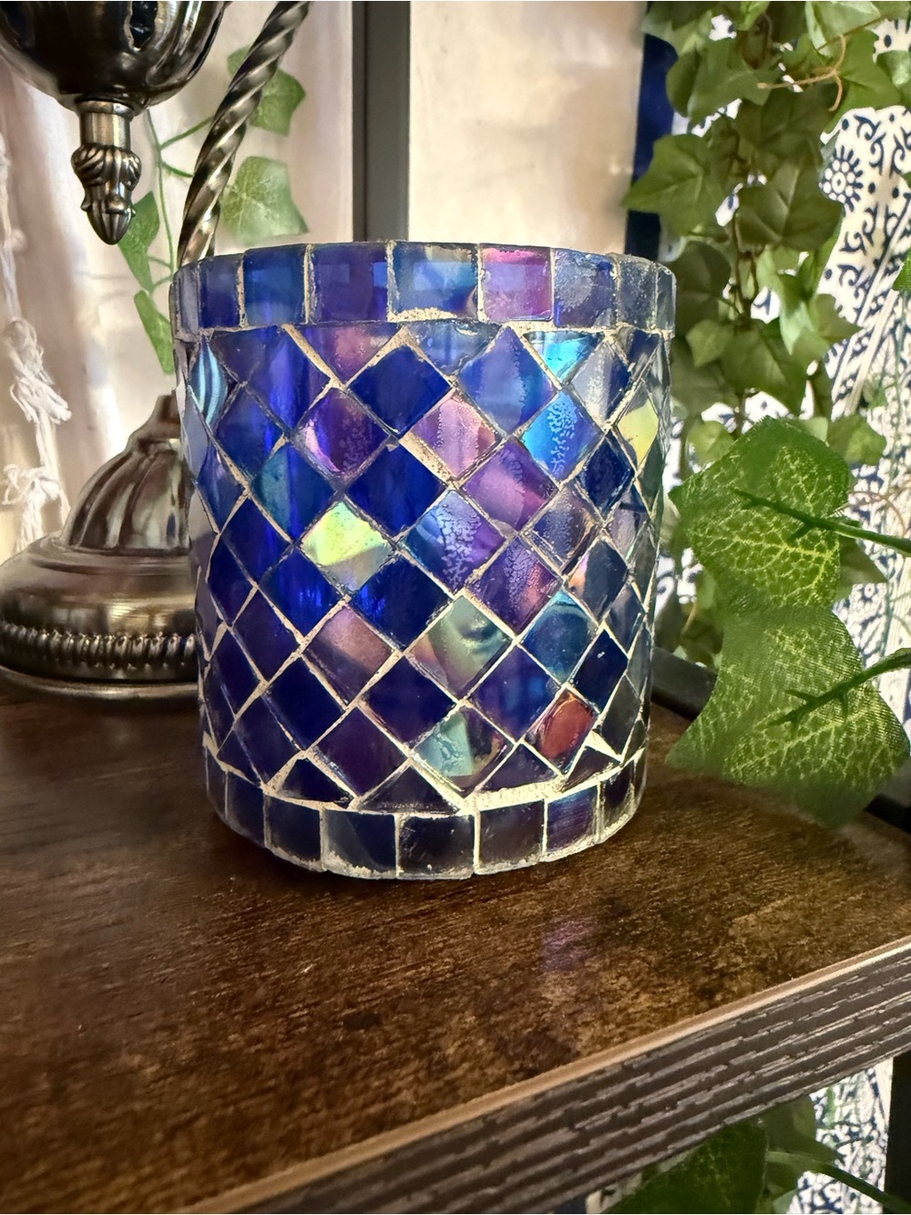 Blue Iridescent Mosaic tea light Candle Holder